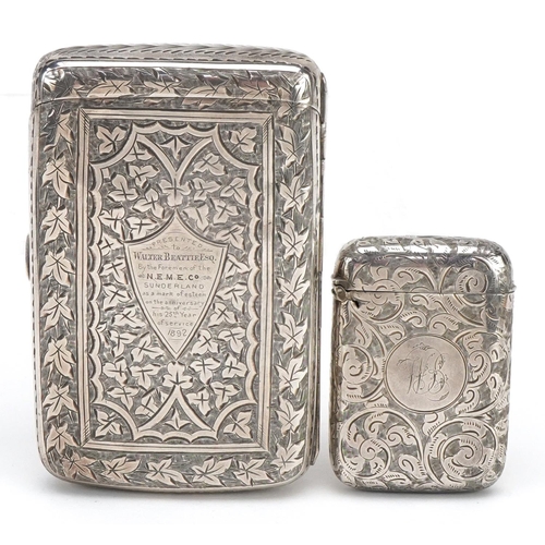 593 - Hilliard & Thomason, a Victorian silver cigarette case and vesta with gilt interior presented to Wal... 