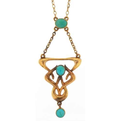 An Art Nouveau 9ct gold turquoise openwork necklace, Birmingham 1908, 56cm in length, 3.9g.