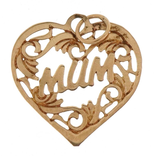 3410 - A 9ct gold 'Mum' love heart pendant, 2.1cm high, 0.4g.