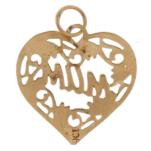 3410 - A 9ct gold 'Mum' love heart pendant, 2.1cm high, 0.4g.