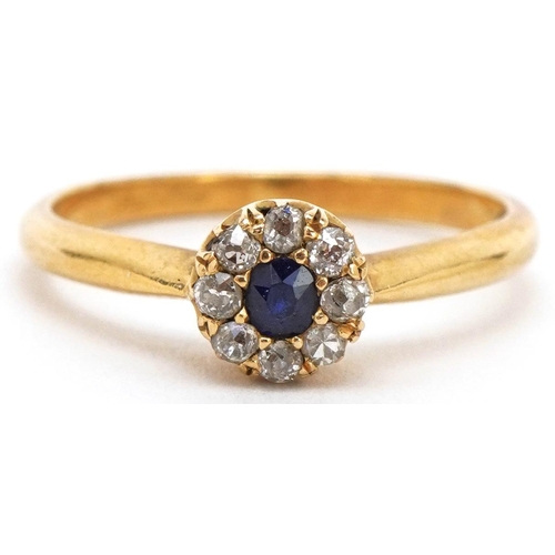 3044 - An 18ct gold sapphire and diamond cluster ring, the cluster 6.70mm in diameter, size O, 3.1g.