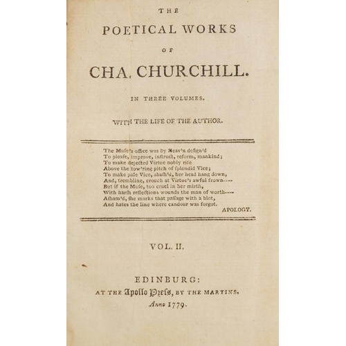 1421 - The Political Works of Charles Churchill, volumes one and two circa 1779, brown leather bound book t... 