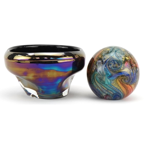 2590 - A contemporary Tom Dixon iridescent glass bowl, 14cm in diameter, together with a contemporary globu... 