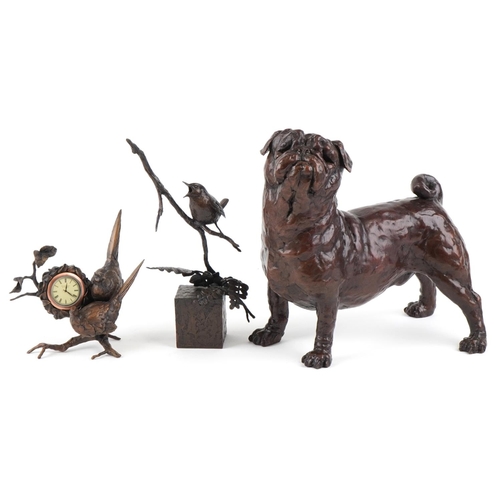 12 - Richard Cooper, three bronze sculptures, two with boxes, comprising Pug dog, wren and pheasant, the ... 