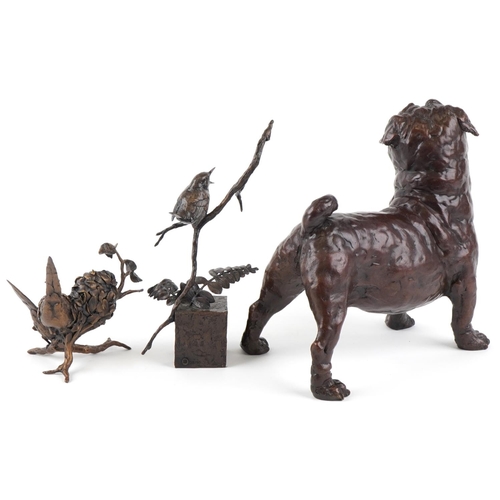 12 - Richard Cooper, three bronze sculptures, two with boxes, comprising Pug dog, wren and pheasant, the ... 