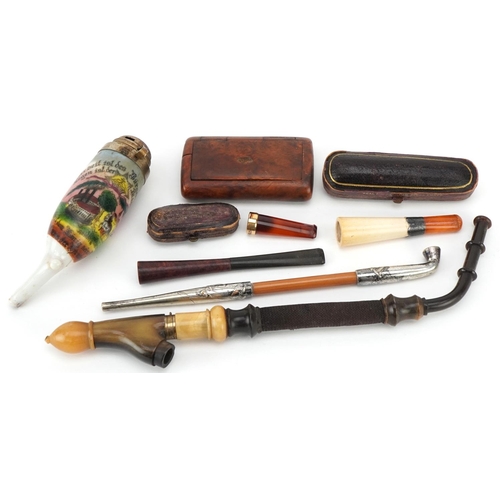 1635 - Vintage and later smoking objects including a burr wood snuff box, a Meerschaum cheroot holder with ... 