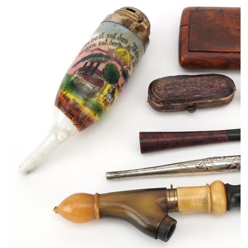 1635 - Vintage and later smoking objects including a burr wood snuff box, a Meerschaum cheroot holder with ... 