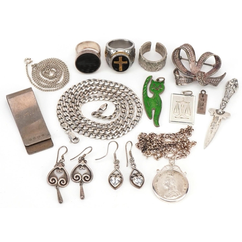 3723 - Silver and white metal jewellery including a curb link necklace, money clip, filigree brooch, love h... 