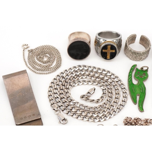 3723 - Silver and white metal jewellery including a curb link necklace, money clip, filigree brooch, love h... 