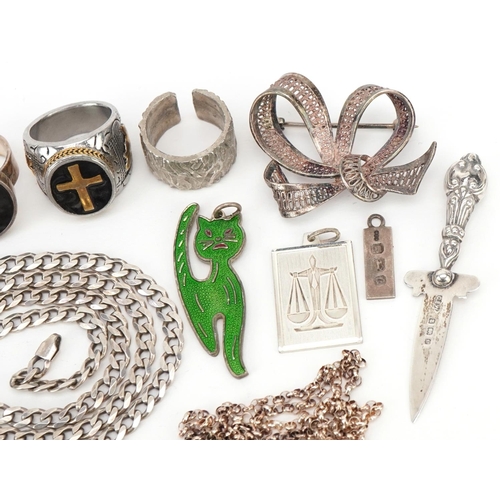 3723 - Silver and white metal jewellery including a curb link necklace, money clip, filigree brooch, love h... 