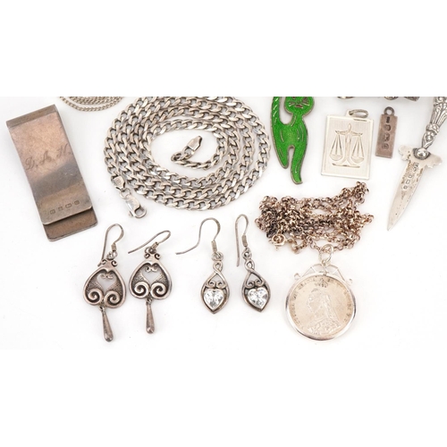 3723 - Silver and white metal jewellery including a curb link necklace, money clip, filigree brooch, love h... 