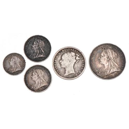 1264 - Five Victorian silver Maundy money coins comprising a 1901 fourpence, 1885 threepence, 1898 twopence... 