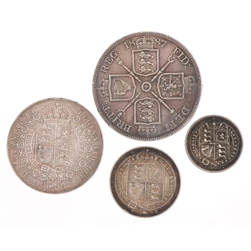 1262 - Four Victorian 1887 Golden Jubilee coins comprising sixpence, shilling, half crown and a double flor... 