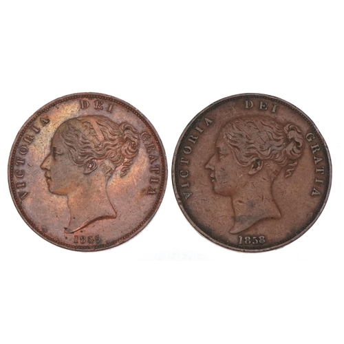 1270 - Two Victorian copper pennies dated 1855 and 1858, the 1855 coin in VF condition and having 'Near col... 