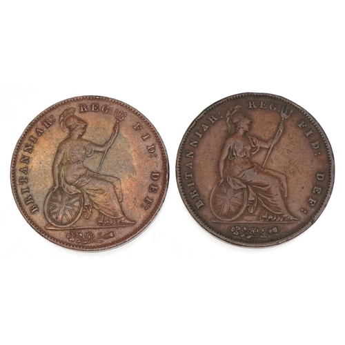 1270 - Two Victorian copper pennies dated 1855 and 1858, the 1855 coin in VF condition and having 'Near col... 