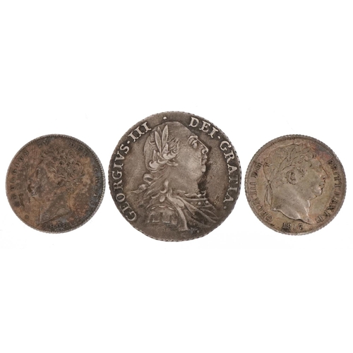 1266 - Three 18th/19th century British silver coins comprising George III 1787 shilling, George III 1817 si... 