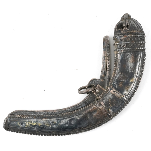 126 - A Middle Eastern silver gunpowder horn with engraved and embossed decoration, early 20th century, 17... 