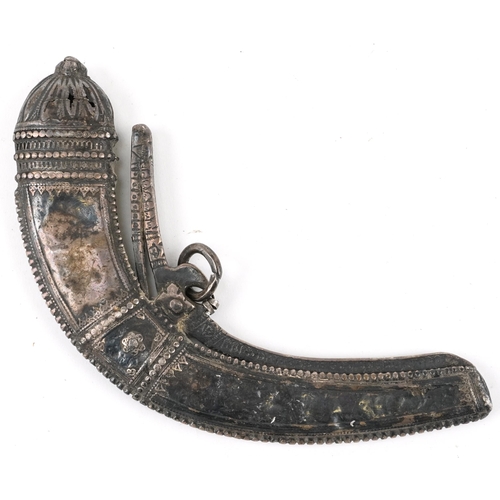 126 - A Middle Eastern silver gunpowder horn with engraved and embossed decoration, early 20th century, 17... 