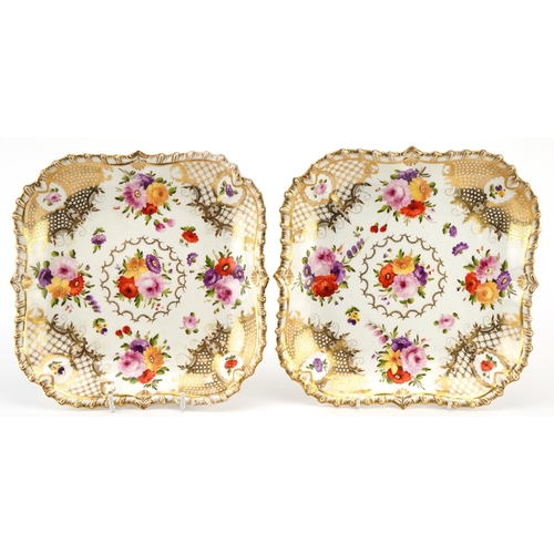 136 - A pair of late 19th/early 20th century French porcelain plates of square form, each with gilt and fl... 