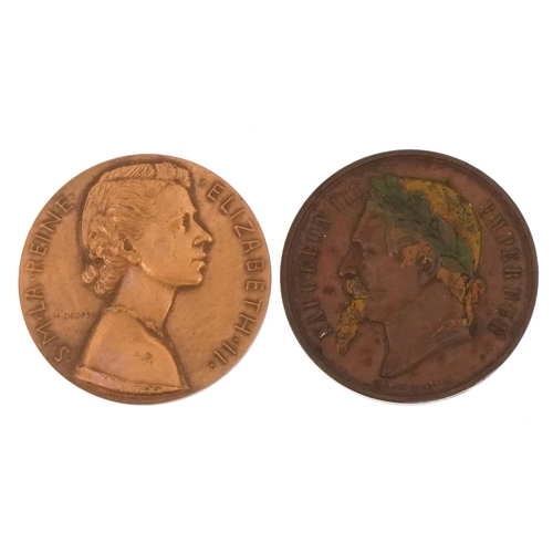 1321 - Two Elizabeth II and Napoleon III commemorative bronze medallions, each 5cm in diameter.