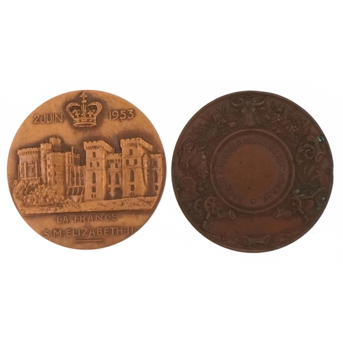 1321 - Two Elizabeth II and Napoleon III commemorative bronze medallions, each 5cm in diameter.