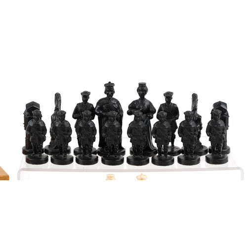 1147 - A 20th century resin chess set, the king 10cm high, within a wooden box, 35cm wide.