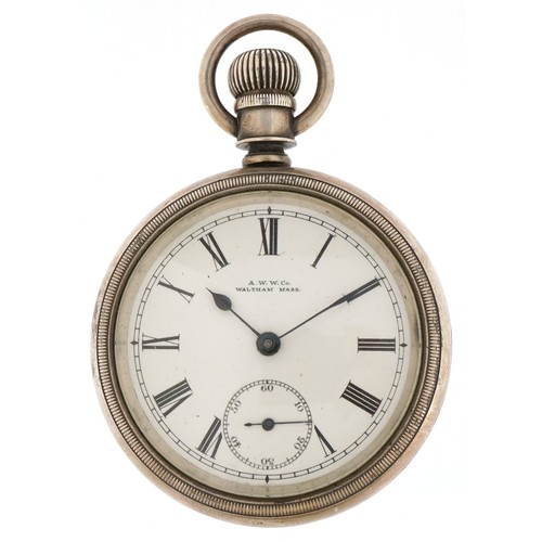 3555 - Waltham Mass, a gentlemen's white metal open face top wind pocket watch, having enamelled dial with ... 