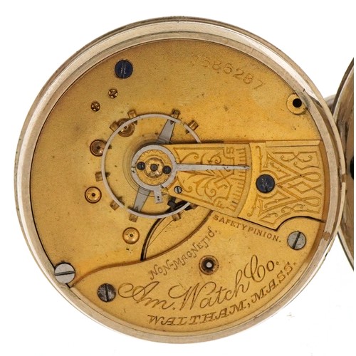 3555 - Waltham Mass, a gentlemen's white metal open face top wind pocket watch, having enamelled dial with ... 