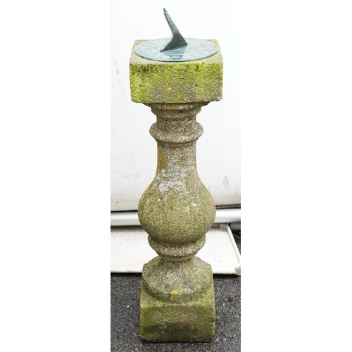 2176 - A 20th century cast composition garden sundial raised on a baluster column and plinth base, 82cm hig... 