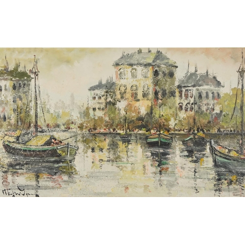 2192 - Boats on a canal, 20th century continental school oil on board, indistinctly signed, framed, 60cm x ... 