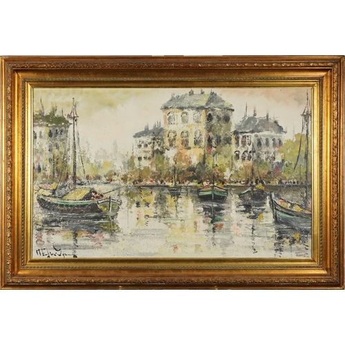 2192 - Boats on a canal, 20th century continental school oil on board, indistinctly signed, framed, 60cm x ... 