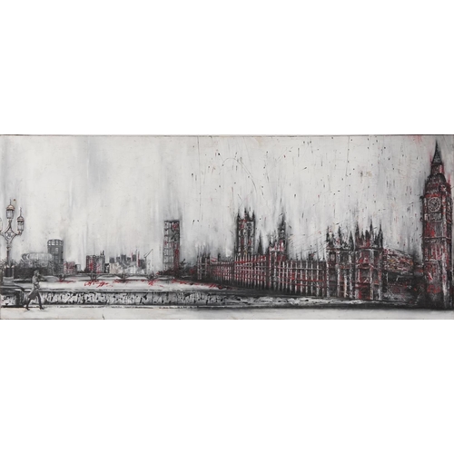 2194 - After Paul Kenton - Westminster, late 20th century mixed media on canvas, unframed, 56cm x 140cm.