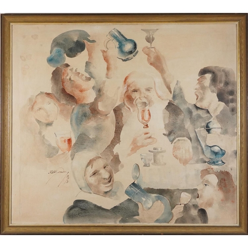 2195 - R. E. Bamwell - Merry bar patrons, mid 20th century oil on canvas, signed and dated 1973, framed, 88... 