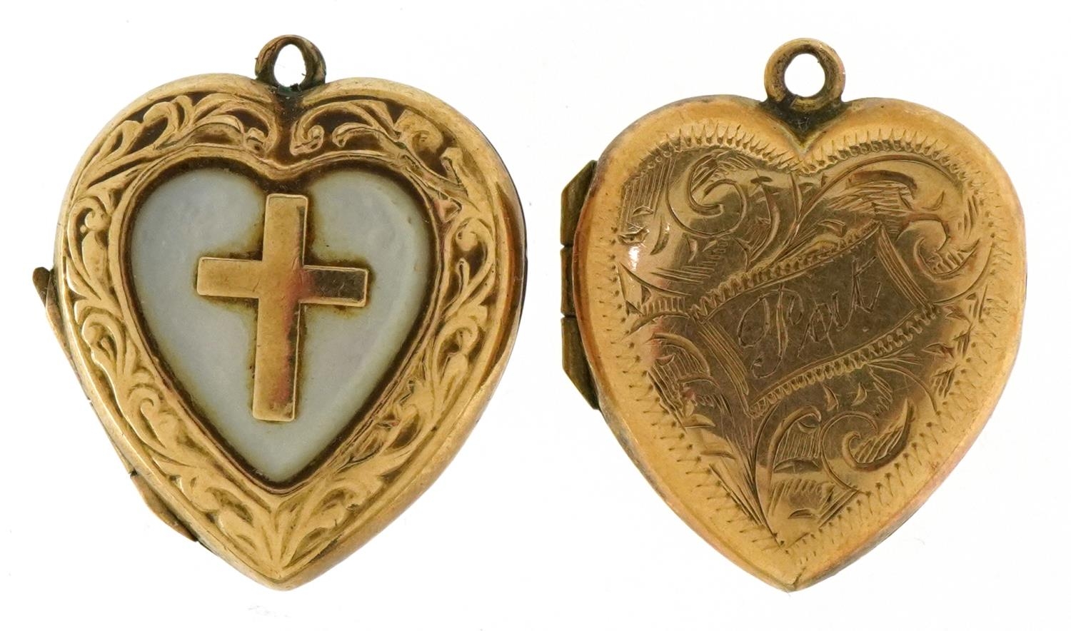 Two 9ct gold back and front love heart lockets, one inlaid with mother ...