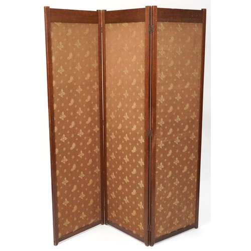 2128 - An Edwardian oak and chequer banded three fold screen, H-173cm W-150cm