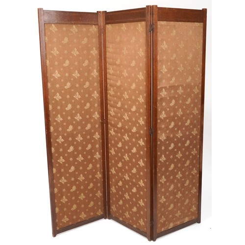 2128 - An Edwardian oak and chequer banded three fold screen, H-173cm W-150cm