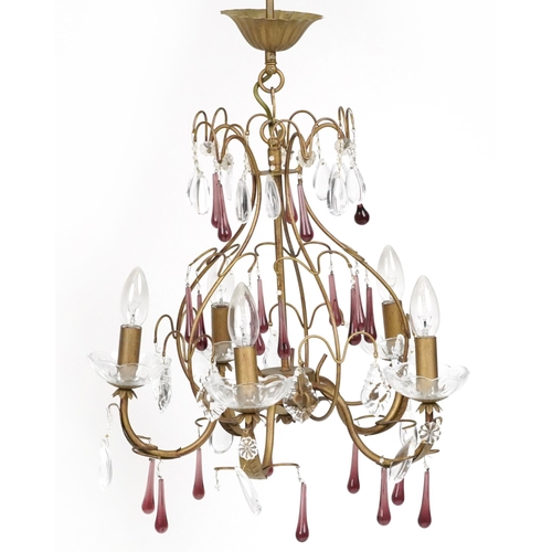 2171 - A 20th century gilt metal five branch ceiling light with clear and coloured glass drops, 42cm high.