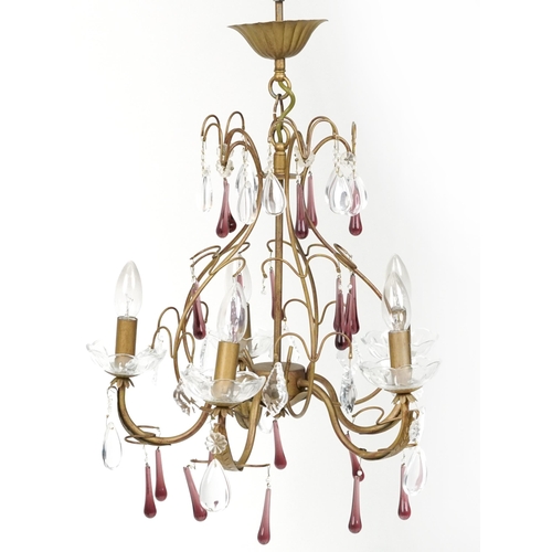 2171 - A 20th century gilt metal five branch ceiling light with clear and coloured glass drops, 42cm high.