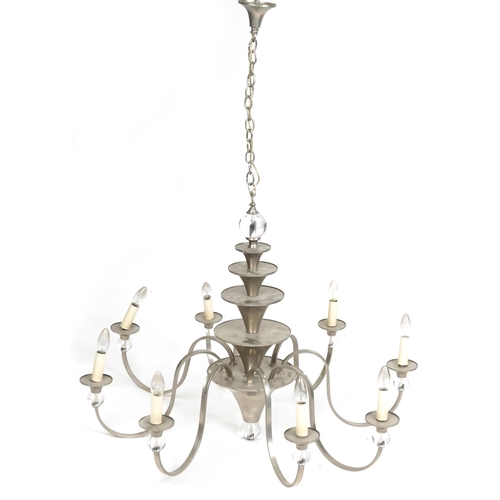 2151 - A modern nickel plated eight branch ceiling light with clear perplex mounts, H- 79cm, Di-90cm.