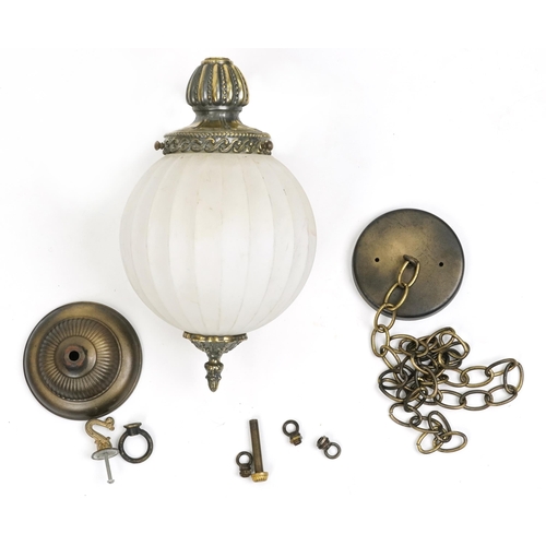 2172 - A vintage globular frosted glass light fitting with gilt metal fittings, the shade 20cm in diameter.