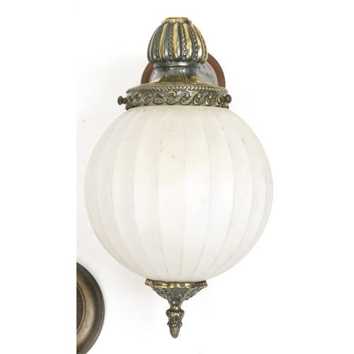 2172 - A vintage globular frosted glass light fitting with gilt metal fittings, the shade 20cm in diameter.