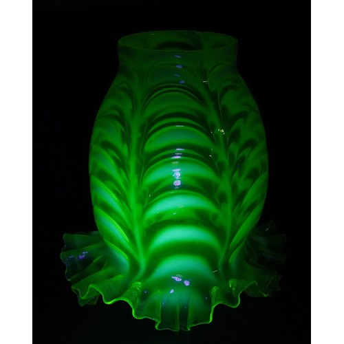 258 - A Victorian Vaseline and uranium glass frilled lampshade, 15.5cm high, the fitting 6.5cm in diameter... 