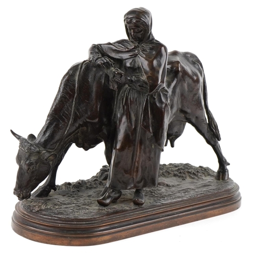 Isidore Jules Bonheur (French 1827-1901) - Herdswoman with cow, 19th century brown patinated bronze sculpture, signed I. Bonheur, 32cm H x 43cm L x 16cm D.