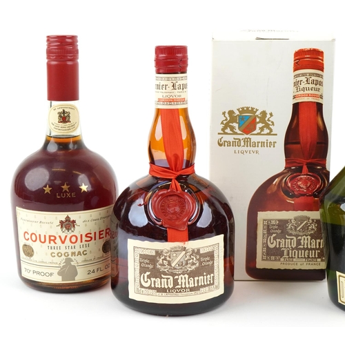 488 - Four bottles of alcohol comprising a D.O.M. Benedictine liqueur, a Courvoisier Three Star Lux Cognac... 