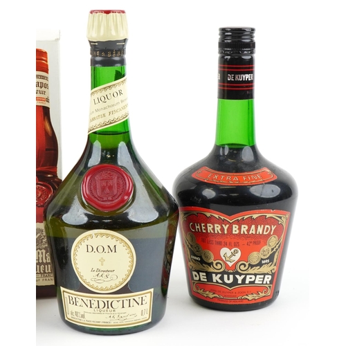 488 - Four bottles of alcohol comprising a D.O.M. Benedictine liqueur, a Courvoisier Three Star Lux Cognac... 