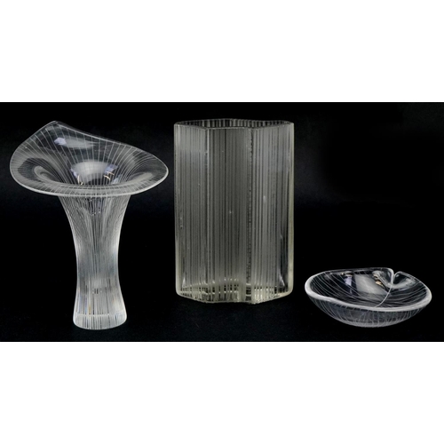 A group of three Kantarelli for Littala art glass vases designed by Tapio Wirkkala, mid 20th century, each signed and dated, the largest 13cm high.