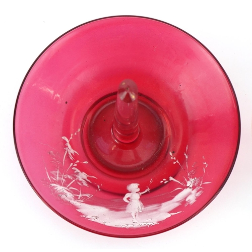 157 - A late Victorian Mary Gregory hand painted clear glass jug decorated with a girl picking flowers, 16... 