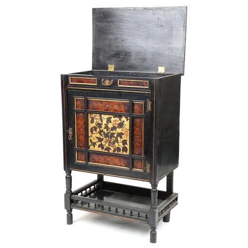  A late 19th century Aesthetic Movement ebonised and burr walnut side cabinet, circa 1880, fitted wit... 