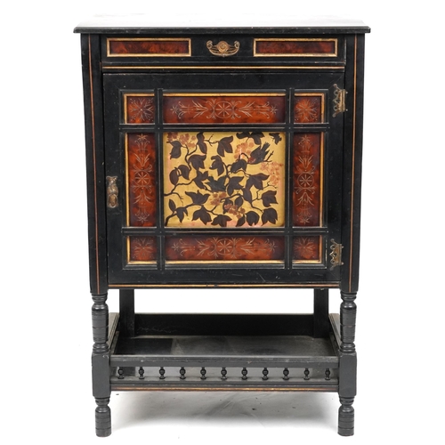  A late 19th century Aesthetic Movement ebonised and burr walnut side cabinet, circa 1880, fitted wit... 