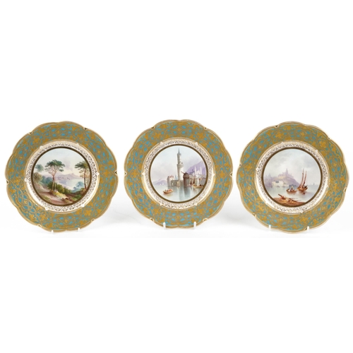 Three 19th century Davenport porcelain cabinet plates, painted with German, French and Italian scenes, under-glazed marks to base, 24cm in diameter.